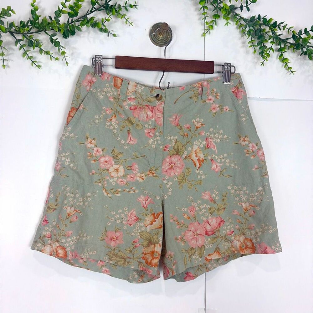 Vintage Jones New York Shorts Womens10 Sage Green Floral Cotton Linen High Rise